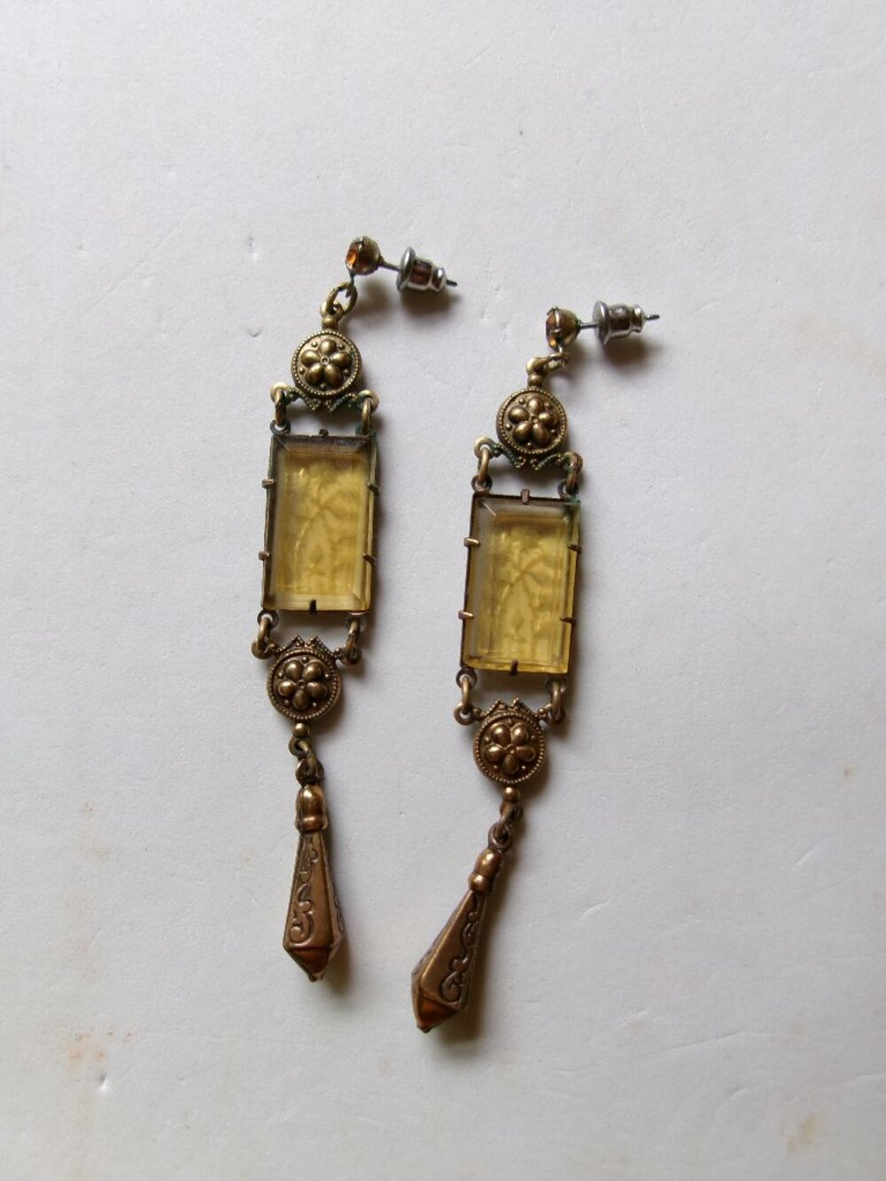 Sadie Green handmade Art Deco Victorian revival amber glass and brass earrings.